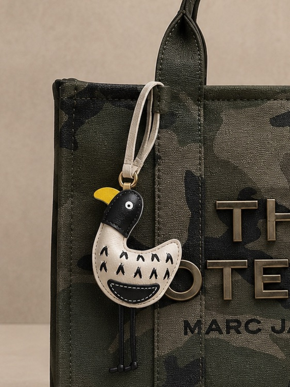 Whimsical Bird Faux Leather Bag Charm Keychain Black Cream